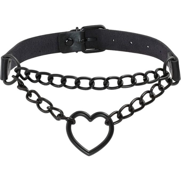 JJDreams Punk Gothic Polyurethane (PU) Leather Choker, Necklace with Chain, Heart Pendant, Elegant Choker Collar, Black, Women
