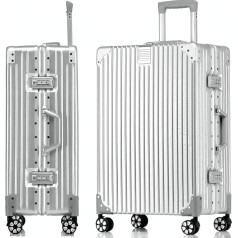 Hard Shell Suitcase Trolley Suitcase Travel Suitcase Hand Luggage Telescopic Handle TSA 4 Wheels, Silver (Aluminium Frame + PC), hard shell trolley with swivel wheels