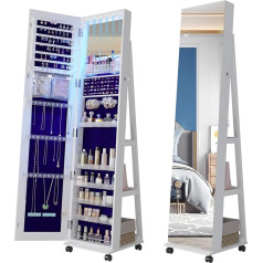 Lvifur 6LEDs Jewellery Cabinet with Full Body Mirror, 360° Rotatable Mirror Cabinet with 4 Wheels, Lockable Standing Mirror, Jewellery Organiser with Large Storage Space, Suitable for Bedroom, Living