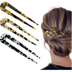 Pack of 3 Hair Pin Stick French Style, U-shaped French Hair Fork, French Style Acetate Hair Fork, U-shaped French Style Tortoiseshell Hair Sticks, for Women Girls, Hair Styling Accessories