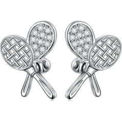 S925 Sterling Silver Tennis Racket and Ball Sport Cubic Zirconia CZ Stud Earrings Jewellery Gifts for Women Tennis Lovers, Sterling Silver, Cinnabar
