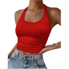 Ekouaer Halterneck Top Women's Crop Tops Tank Top Summer Backless Top Scoop Neck Knitted S-XXL