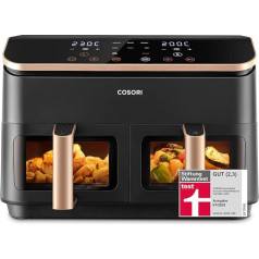 Cosori Hot Air Fryer, 2 Compartments, 6-in-1, Dual Zone, XXL, 8.5 L, Two Chambers, with Viewing Window, for Full Meals, 50 Recipes (English Language Not Guaranteed), Energy-Saving