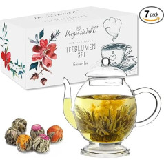 HerzensWahl Tea Flowers Gift Set with Pot | 6 x Tea Flowers, 1 x Teapot & Gift Box | Blooming Tea | Tea Roses Tasting Set | Green Tea - Tea Flowers & (Teapot Set) for Tea Lovers