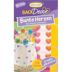 Günthart BackDecor 48 Cute Colourful Sugar Hearts in 6 Different Colours, Sugar Hearts in Green, Blue, Purple, Yellow, Pink and Orange