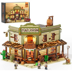 FUNWHOLE Western Saloon Building Kit - 2016 Pieces Luminous Model Set for Adults - 3 Mini Figures + Dynamic Lighting - The Wild West