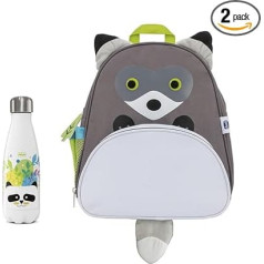 Chicco Raccoon Backpack and Panda Water Bottle Set, Practical Raccoon Backpack and 350ml Stainless Steel Water Bottle with Panda, 2 Years +
