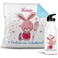 Gift Set with Drinking Bottle and Cushion – Finally a School Child – For School – Personalise with Name of Your Choice – School Gift – Cushion Back Light Blue – Bottle White, 600 ml
