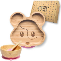 Bamboo Mouse Pad and Bowl with Suction Cup, Perfect Baby Gift, Eco-Friendly Weaning Kit with Powerful Silicone Suction Cup, Split Portion Plate (Pink)