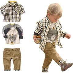 SOPO Toddler Boys Casual 3 Piece Set (T-shirt + Plaid Shirt + Khaki Pants) 2-3y