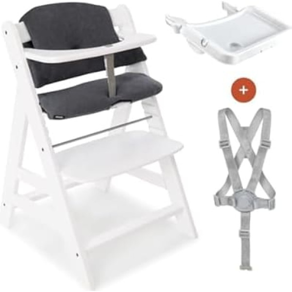 hauck Alpha Plus High Chair with Alpha Tray and Seat Padding - Wooden Baby Chair for Children from 6 Months, Adjustable - White