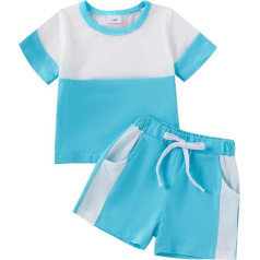 Toddler Baby Boy Spring Summer Outfits Short Sleeve Contrast Color T-Shirt Sweatshirt Top with Elastic Waist Plaid Shorts Sets 2 Pieces Clothes for Little Boys (Sky Blue, 3-6, sky blue