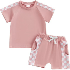Toddler Baby Boy Spring Summer Outfits Short Sleeve Contrast Colour T-Shirt Sweatshirt Top with Elastic Waist Checked Shorts Sets 2-Piece Clothing for Little Boys (Pink, 6-12, rose