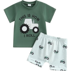 Sommer-Outfits für Kleinkinder, Babys, Jungen, kurzärmelig, Rundhalsausschnitt, Auto/Traktor-Stickerei, T-Shirt, Sweatshirt, Oberteil mit elastischem Auto-Druck, Shorts, 2-teiliges Set für