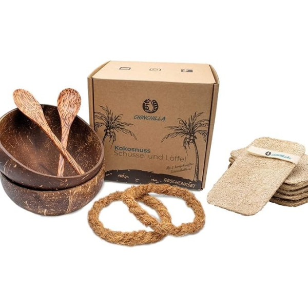 Chinchilla® Set of 2 Coconut Bowls + 1 Loofah Sponge, Natural Coconut Bowls, Sustainable Kitchen Sponge Made of Loofah Cucumber, Washable & Reusable, Sustainable & Vegan