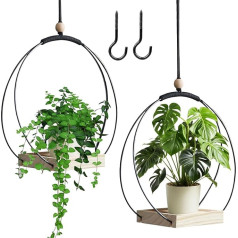 Pack of 2 Hanging Baskets Indoor Metal Ring with Wooden Base, Hanging Pot for Plants, Hanging Flower Pot, Hanging Basket Flowers, Hanging Basket Indoor, Hanging Plants Pot, Hanging Hook