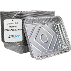 Enpack Aluminium Tray R879-930G – Pack of 100 Aluminium Grill Trays 226 x 176 x 30 mm – Fireproof Aluminium Trays 1000 ml – Drip Tray/Grease Tray for Grilling, Casserole Dish – Aluminium Trays Grill