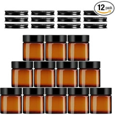 Amber Glass Empty Jar, Clear Jar, 100 ml, Set of 12, Brown Glass Ointment Jars, Potty Container Set with Lid for Lotion, Cream, Mini Candles, Cosmetics, Travel, Home Use