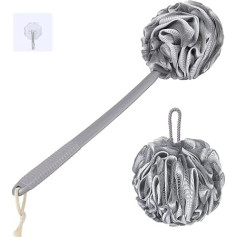VANZAVANZU Bath Sponge Shower Sponge Set Exfoliating Sponge, Bath Sponge Back Brush with 42 cm Plastic Non-Slip Handles, Fluffy Shower Sponge Body Soft Mesh Loofah Grey with White Edge