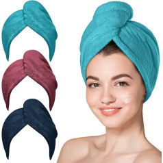 Microfiber Hair Towel, 3 Packs Hair Turban for Wet Hair, Drying Hair, Towels for Curly Hair, Anti-Frizz (Plum/Navy, Aqua Green)