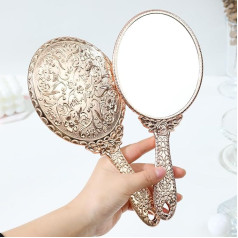 XPXKJ Hand Mirror Vintage Hand Mirror with Handle Makeup Mirror Cosmetic Mirror Travel Mirror (Oval Carved, Rose Gold)