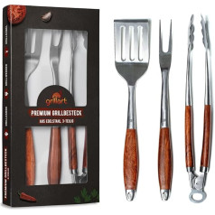 grillart® Premium Barbecue Cutlery Set, 3-Piece Made of High-Quality Stainless Steel and Elegant Wooden Handles, Barbecue Tongs, Barbecue Spatula and Grill Fork with Extra Long Handle, The Ideal
