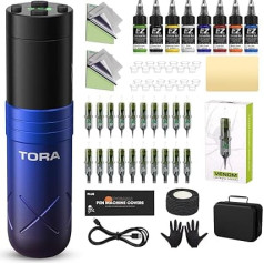 EZ Tattoo Machine Set - Tattoo Set with Wireless Tattoo Machine, 1600 mAh Power Supply Battery, 20 Pieces Tattoo Needles for Tattoo Beginners and Artists (Tora Blue Purple)
