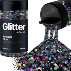 Hemway Black Holographic 5 Size Glitter Mix 120 g / 4.2 oz Fine Coarse Metallic Resin Craft Multi-Size Glitter Sequin Shaker for Epoxy, Hair, Face, Body, Eye, Nail Art, Festival, Party