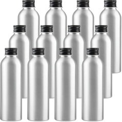 Pack of 12 Empty Round Silver Aluminium Bottle with Aluminium Screw Cap Black Screw Bottles Made of Aluminium for Filling Cosmetic Essences Oils Bathroom Hotel Travel, black, 200ml