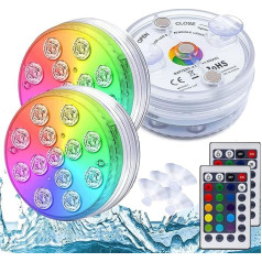 Underwater Light, Pack of 2 Pool Lights, Underwater LED Pool Lightings, Remote Control, Timer, RGB 13 LEDs, Colour Changing IP68, Magnetic Waterproof Suction Cup for Pool Lighting, Vase Base, Aquarium