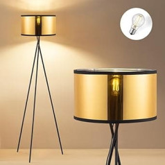 Home Sweet Home Modern Black Metal Floor Lamp 53/53/138 cm with E27 LED Light Source 4 W 2700 K Retro Floor Lamp with Tripod with Gold Lampshade for Bedroom