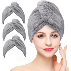 BEoffer Microfiber Hair Towel, 3 Packs Hair Turbans for Women, Men, Kids, Quick Dry Hair Wrap Towels for Curly Long Curly Hair, Anti-Frizz Turbie Twist (Grey)