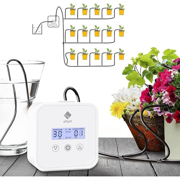 sPlant [Improved Pump] LCD Automatic Drip Irrigation Kit for 15 Plants, DIY Plant Self-Watering System Device, Digital Programmable Water Timer, Watering for Indoor Plants