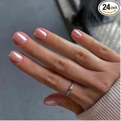 24 Pieces Stick On False Nails Short Square Glitter Aurora Pink Plain Press On Removable Full Cover for Women Girls Nail Art Accessories