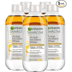 Garnier SkinActive Two Phase Micellar Water No Rinse for Makeup Waterproof Moisturizing Makeup Remover for Face Eyes Lips with Fragrance-Free Formula - 5 Bottles 400ml