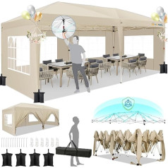 HOTEEL Folding Gazebo 3 x 6 Waterproof and Stable - with 6 Side Walls, One Push Assembly, 8 Wind Protection Poles - Party Tent for Weddings, Camping (Khaki)