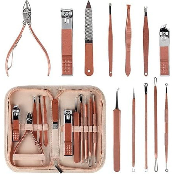 Blackhead Remover Pimple Comedone Extractor Tool and Stainless Steel Manicure Set 12 in 1, Acne Removal Kit, Pimple Popper Tool Kit, Best Nail Care Tools with Leather Case