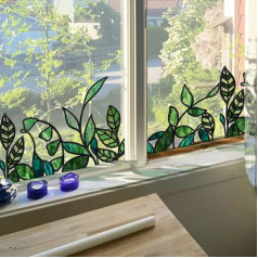 Original Hand-Painted Window Pictures Spring Window Stickers, Collision Avoidance Window Pictures Children, Green Leaves Living Room, Kitchen, Bedroom, Office Window Decoration 30 x 150 cm