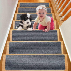 Pack of 15 Stair Mats, Stair Carpet, Self-Adhesive, Non-Slip Stair Mats, Indoor, Stair Carpet, Stair Treads for Children, Elderly and Pets, 60 x 20 cm, Dark Grey
