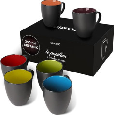 Miamio Le Papillon Set of 6 x 350 ml Coffee Cups, Coffee Mug Set, Black Exterior and Coloured Interior