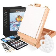 Acrylic Paint Set for Artists 34 Pieces - with Wooden Painting Case for Adults, Easel, 24 Tubes of Acrylic Paints, 6 Painting Brushes, Canvas, Spatula Knife and Mixing Palette