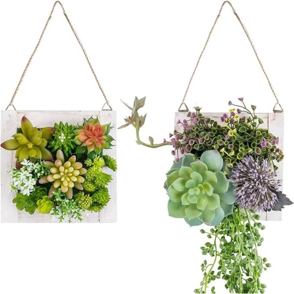 C&Z Artificial Hanging Plants Decorative Home Succulent Plants Artificial in Wooden Frame 3D Green Wall Art Fake Plants for Living Room Nursery (Set of 2)