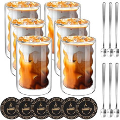 Set of 6 Latte Macchiato Glasses, 350 ml Double-Walled Glasses with 6 Spoons and 6 Coasters, Thermal Glasses Double Walled Made of Borosilicate Glass for Cappuccino, Latte, Tea, Ice Cream,