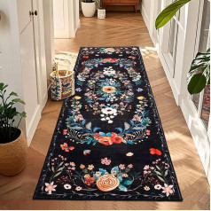 Black Flower Rug Runner Hallway Non-Slip 60 x 180 cm, Boho Soft Long Runner Washable Short Pile Kitchen Runner Non-Slip Carpet Runner Hallway Rug Hallway Runner for Kitchen Bedroom Living Room