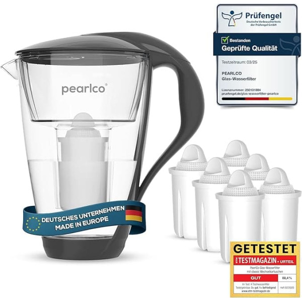 PearlCo Glass Water Filter (Anthracite) Glass Jug with 6 Classic Filter Cartridges - Reduces Limescale & Heavy Metal - Protects Devices - Better Taste of Coffee & Tea - Made in EU