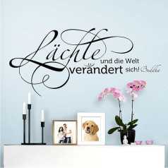 W3309 Wall Tattoo Sayings Buddha Smile and the World Changes I Black 80 x 36 cm I Hallway Self-Adhesive Sticker Wall Sticker Wall Sticker Saying