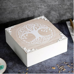 WPAJIRZO Vintage Wooden Tea Box with Tree of Life Motif, 9 Compartments, Elegant Storage Box for Tea Bags, Sugar, Coffee Capsules, Tea Box with Lid, White