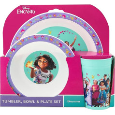 Disney Encanto Children's Tableware Set, 3 Pieces, Plate, Cereal Bowl and Cup, Reusable, for Kids, Drinking Cups and Tableware for Meals, from 24 Months, Purple, Green, Pink