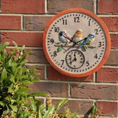 Garden Mile Garden Clock and Thermometer 30cm Bird Design Durable Quartz Clocks Outdoor Wall Decor Decorative Wall Clock for Patio Kitchen Living Room Decor