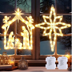 Quntis Christmas Nativity Scene + Star for Nativity Scene with Lighting, IP44 Waterproof Fairy Lights, Outdoor Battery, 8 Modes, Timmer Function, Nativity Scene with Figures (Warm White)